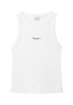 Camiseta sin mangas blanca de punto acanalado con escote redondo y logotipo "Pepe Jeans" bordado en negro en el centro delantero.