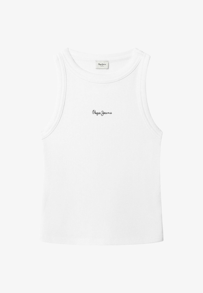 Biele rebrované tielko bez rukávov s okrúhlym výstrihom a vyšívaným logom "Pepe Jeans" v čiernej farbe uprostred prednej časti.