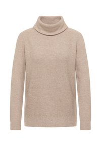 Beżowy sweter z golfem w fakturowanym splotcie. Posiada długie rękawy i luźny krój, z wysokim kołnierzem oraz ściągaczami na mankietach i u dołu.