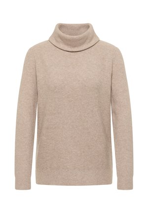 Beżowy sweter z golfem w fakturowanym splotcie. Posiada długie rękawy i luźny krój, z wysokim kołnierzem oraz ściągaczami na mankietach i u dołu.