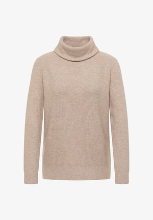 Beige coltrui in een gestructureerde brei. Beschikt over lange mouwen en een ontspannen pasvorm, met een hoge kraag en geribde manchetten en zoom.