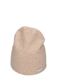 Light beige knit beanie hat with a soft texture. Features a stitched logo tag on the side and a relaxed, slouchy shape.