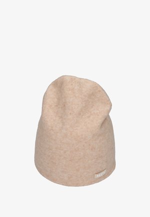 Light beige knit beanie hat with a soft texture. Features a stitched logo tag on the side and a relaxed, slouchy shape.