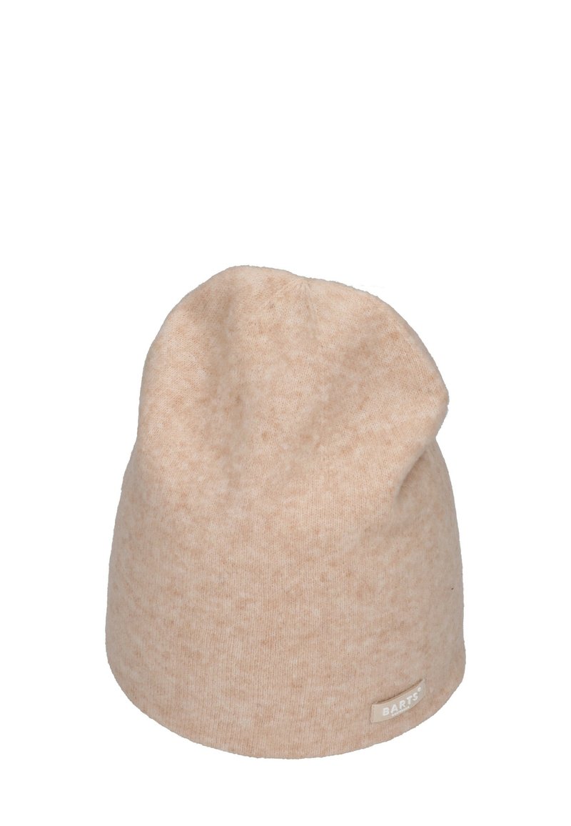 Light beige knit beanie hat with a soft texture. Features a stitched logo tag on the side and a relaxed, slouchy shape.
