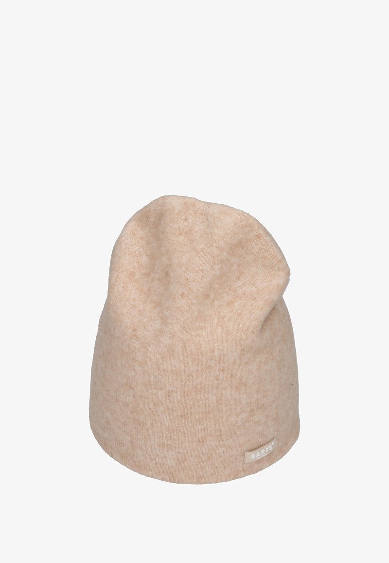 Light beige knit beanie hat with a soft texture. Features a stitched logo tag on the side and a relaxed, slouchy shape.