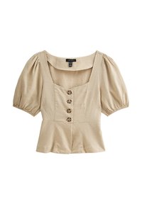 Beige linen blouse with a square neckline, puffed short sleeves, and three wooden buttons down the front. Peplum hemline at the waist.