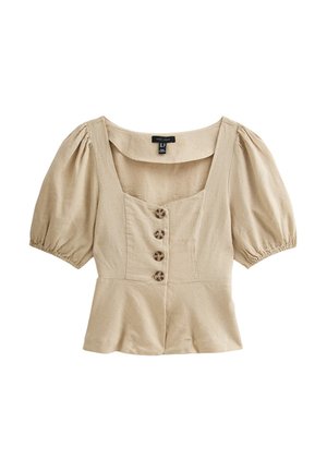 Beige linen blouse with a square neckline, puffed short sleeves, and three wooden buttons down the front. Peplum hemline at the waist.