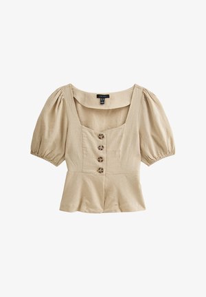 Beige linen blouse with a square neckline, puffed short sleeves, and three wooden buttons down the front. Peplum hemline at the waist.