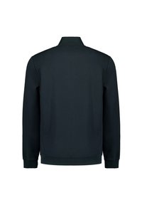 Dunkelblaues Sweatshirt mit Stehkragen, langen Ärmeln, gerippten Bündchen und Saum. Glatte Textur, minimales Design, keine sichtbaren Logos oder Muster.