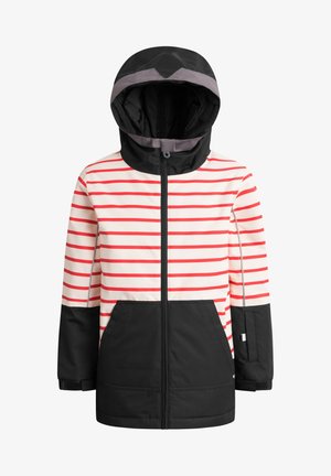Rood-witte gestreepte waterdichte jas met zwarte mouwen en onderkant, voorzien van een capuchon, frontale rits en twee voorzakken.