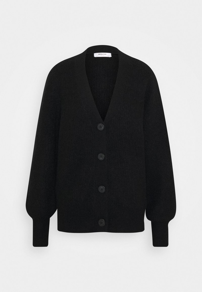 Cardigan en maille noire avec col en V, manches ballon longues et quatre boutons sur le devant.