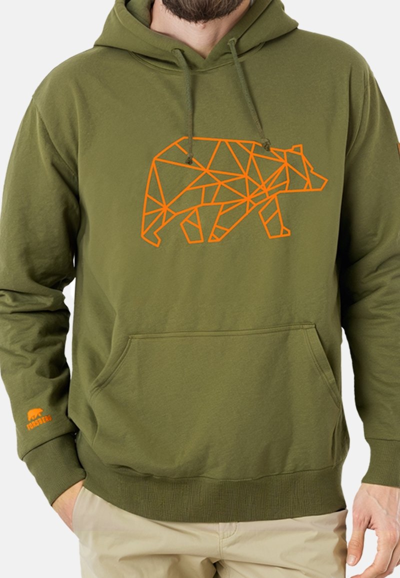 Khaki hoodie med en orange polygonal björngrafik. Har en framficka och ribbade ärmar. Mjuk tyg med en avslappnad passform.