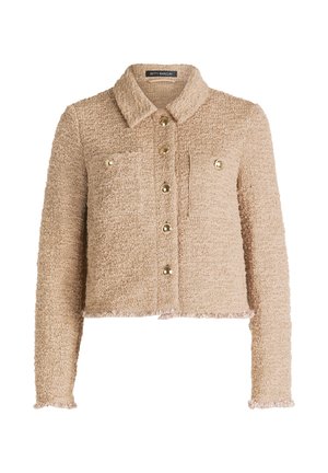 Beige cropped jacket made of textured fabric, featuring a collar, gold buttons, and two front pockets. Edges are frayed.