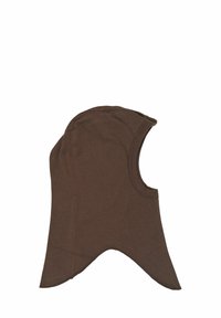 Balaclava din bumbac maro, cu vârf rotunjit, deschideri laterale pentru urechi și o flapsă punctată pentru gât. Are cusături plate și o textură netedă.