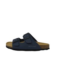 Sandal blu con due cinturini e fibbie, plantare in sughero e suola testurizzata. Presenta il logo "GRÜNLAND" impresso di lato.