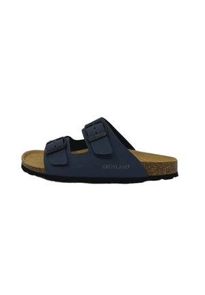 Sandal blu con due cinturini e fibbie, plantare in sughero e suola testurizzata. Presenta il logo "GRÜNLAND" impresso di lato.