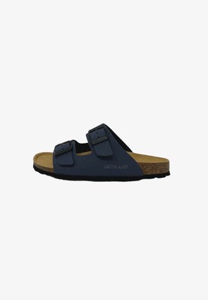 Sandal blu con due cinturini e fibbie, plantare in sughero e suola testurizzata. Presenta il logo "GRÜNLAND" impresso di lato.