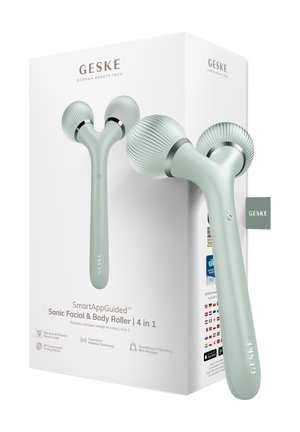 Rouleau visage et corps Sonic avec doubles sphères texturées et une poignée, présenté avec son emballage blanc étiqueté GESKE.