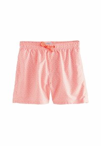 Pantaloni de baie corali cu talie elastică și șnur. Prezintă un model alb în zigzag pe întreaga suprafață. Material neted și ușor.