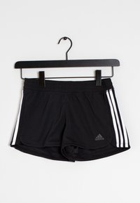 Black athletic shorts with an elastic waistband, featuring white three-stripe accents on the sides and a small logo at the hem.