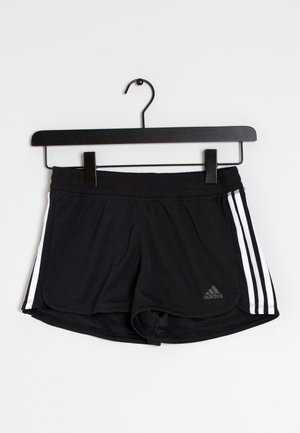 Black athletic shorts with an elastic waistband, featuring white three-stripe accents on the sides and a small logo at the hem.