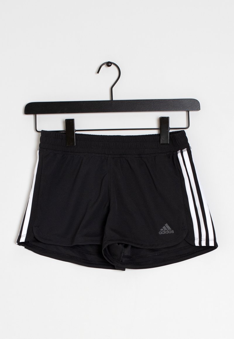 Black athletic shorts with an elastic waistband, featuring white three-stripe accents on the sides and a small logo at the hem.