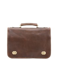 Valigetta in pelle marrone con una superficie liscia, forma rettangolare, manico superiore e dettagli in hardware dorato sulla chiusura frontale.