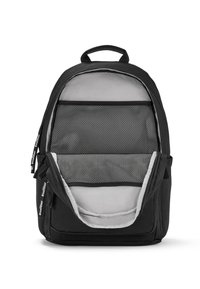 Zaino nero con interno grigio, dotato di tasca in rete e doppi zip. Esterno in tessuto morbido con un design strutturato e spallacci imbottiti.