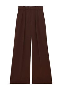 Pantalons larges marron en tissu lisse avec deux plis avant et une fermeture à double bouton à la taille.