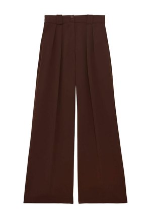 Pantalons larges marron en tissu lisse avec deux plis avant et une fermeture à double bouton à la taille.