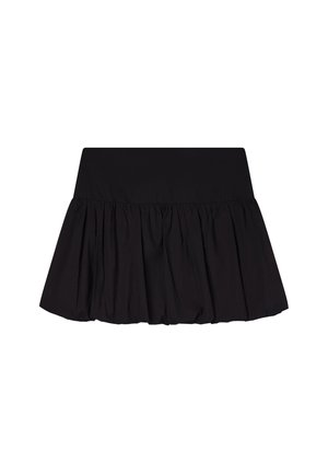 Czarna spódnica z marszczonym wzorem, z szerokim pasem i rozkloszowanym krojem. Wykonana z lekkiego materiału.