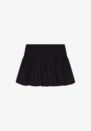 Gonna nera con un design arricciato, dotata di una cintura ampia e una silhouette svasata. Realizzata in tessuto leggero.