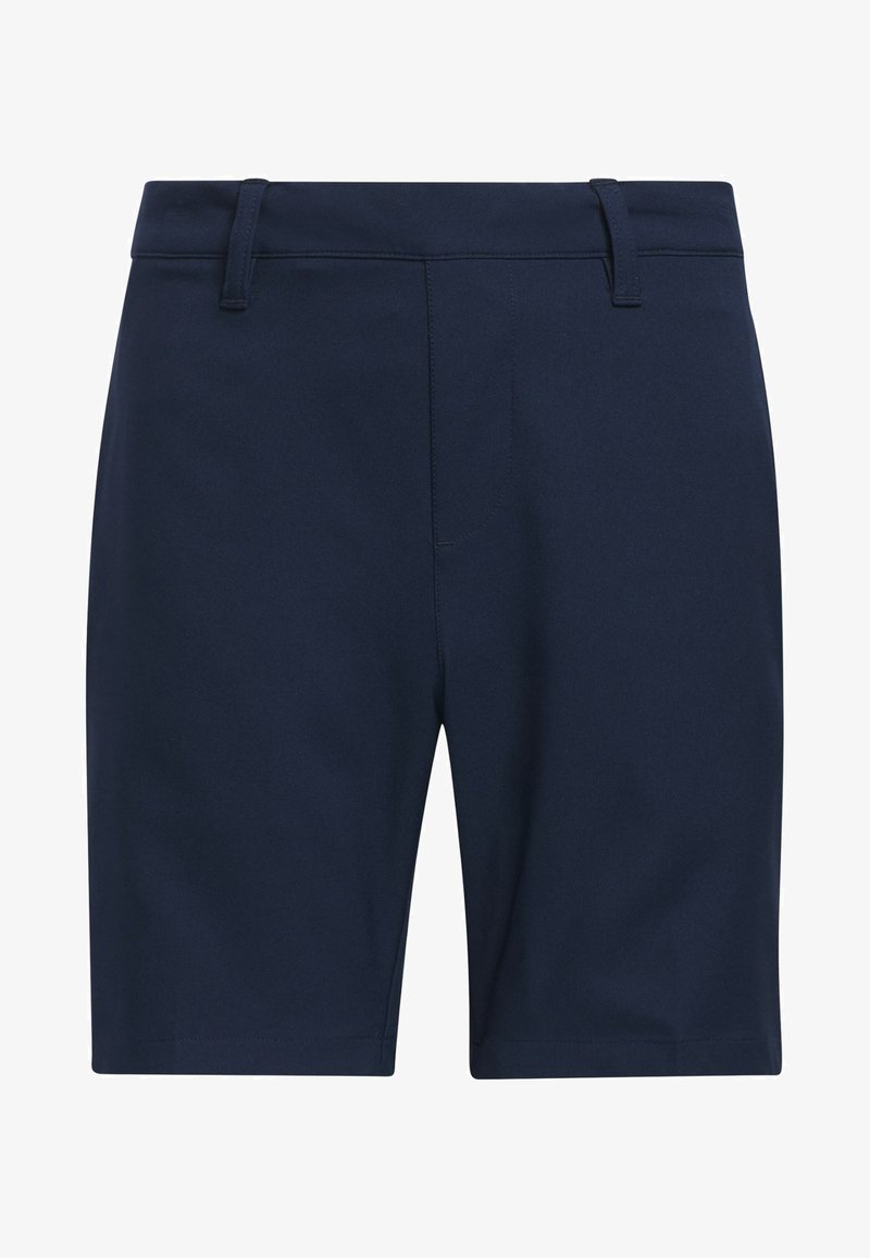 Marineblå shorts lavet af glat stof, med lige snit, bæltesløjfer og en enkelt forlommes lomme med flad frontdesign.