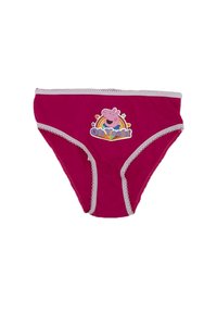 Culotte en coton rose avec un imprimé Peppa Pig comprenant un arc-en-ciel et le texte "Oh Yeah!". Les bords sont ornés d'une dentelle contrastante.