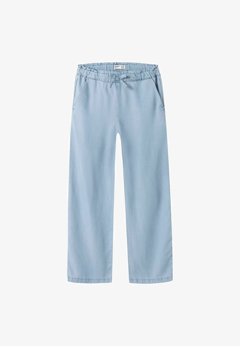Pantaloni casual azzurri chiari con vita elastica e coulisse, tasche laterali e taglio a gamba dritta.