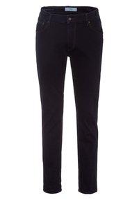 Svart denimjeans med slim fit, fem fickor, kontrasterande sömmar och knäppning. Tillverkad av ett slätt, elastiskt tyg.