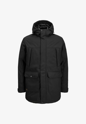 Svart isolerad jacka med huva, med två framfickor, tryckknappslås och en slät, matt finish. Avslappnad, ergonomisk design.