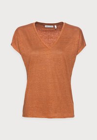 Rostfärgad v-ringad t-shirt i lätt material med korta ärmar, som har en avslappnad passform och en något genomskinlig textur.