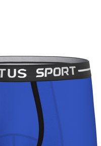 Blaue Sportshorts mit einem schwarzen elastischen Bund, auf dem "SPORT" in Weiß aufgedruckt ist. Glatte Textur mit kontrastierenden schwarzen Akzenten.