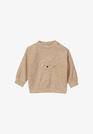 Felpa marrone a girocollo realizzata in tessuto morbido. Presenta un volto di volpe ricamato sul davanti. Vestibilità comoda con maniche a tre quarti.