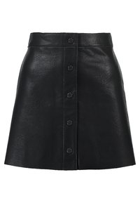 Zwarte leren A-lijn rok met een knoopsluiting aan de voorkant, textuur oppervlak en een aansluitende taille, die eindigt boven de knie.
