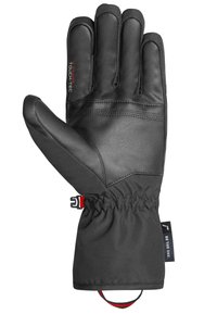 Schwarzer Fünf-Finger-Handschuh mit Lederhandfläche, elastischem Bündchen und strukturiertem Stoffrücken. Verfügt über rote Markenkennzeichnung und einen passenden Zugriemen.