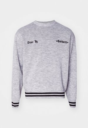 Grå pullover sweatshirt med rund halsudskæring, sorte accenter ved manchetter og nederkant, med teksten "Since '89" og "Carhartt" i sort.