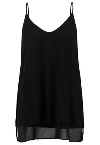 Svart ärmlös topp med V-ringning, tillverkad av lättviktigt tyg. Har sidoklyftor och en längre bakre fåll, vilket skapar en lös silhuett.