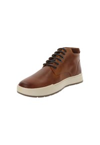 Zapatos altos de cuero marrón con cierre de cordones, suela de goma texturizada color crema y collar acolchado para mayor comodidad.