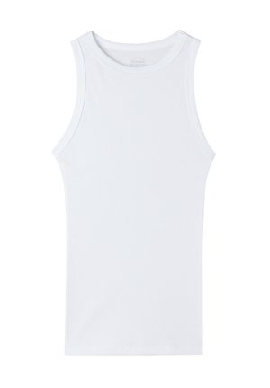 Hvid ærmeløs tanktop lavet af ribbet stof. Rund hals design med en glat tekstur og ingen yderligere mønstre eller accenter.