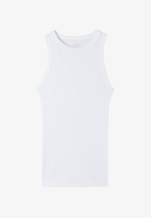 Débardeur blanc sans manches en tissu côtelé. Conception à col rond avec une texture lisse et sans motifs ou accents supplémentaires.