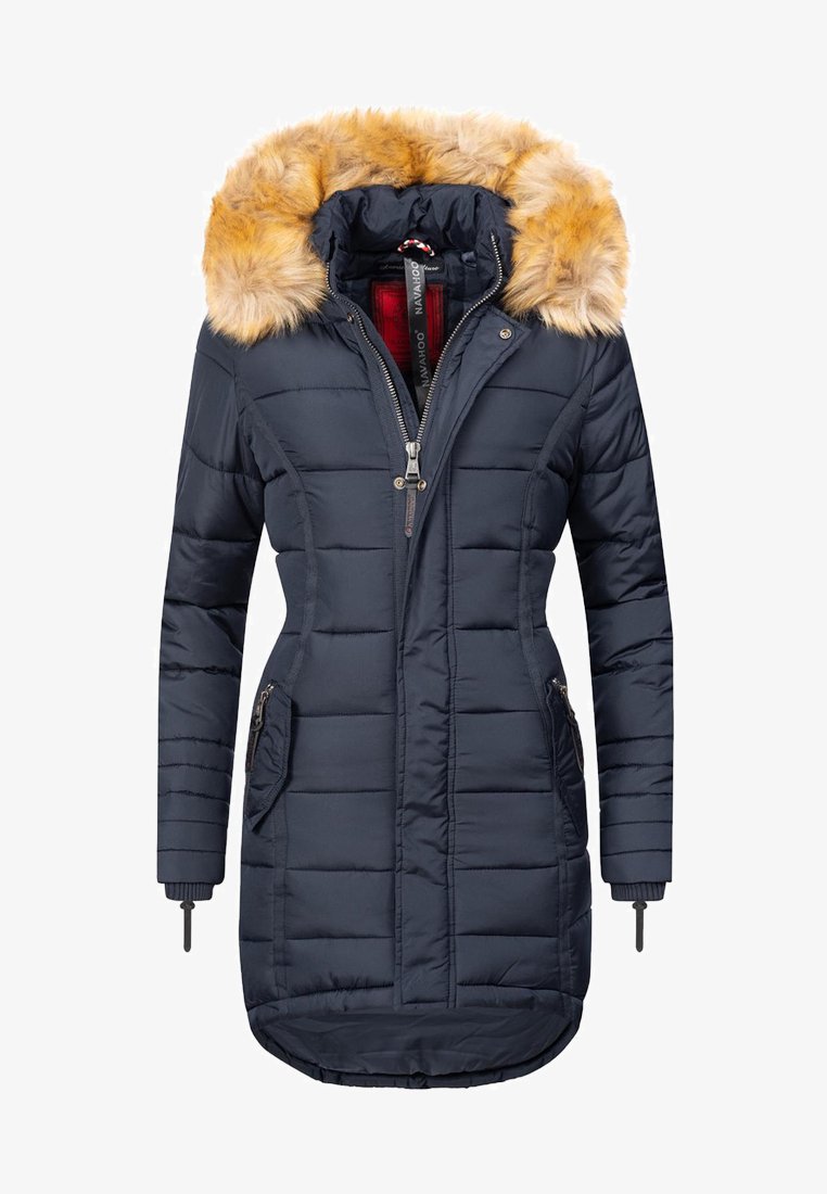 Navy puffer coat with a removable faux fur hood, zippered front, and two side pockets. Quilted texture and adjustable hem for warmth.