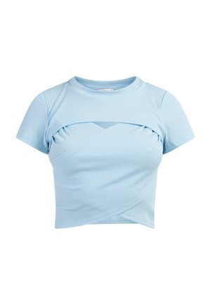 Light blue ribbed short-sleeve crop top with a layered design, featuring a V-cut scoop at the front and a smooth, textured finish.