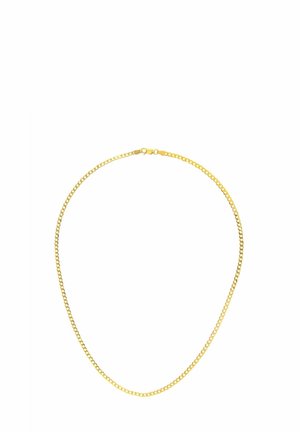 Collier chaîne en métal jaune avec une finition lisse et brillante. Composé de segments ovales reliés et d'une fermeture à clip sécurisée.